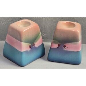 Judith Stiles Art Pottery Signed Candle Set Vintage 80’s Southwest Pastel Theme
